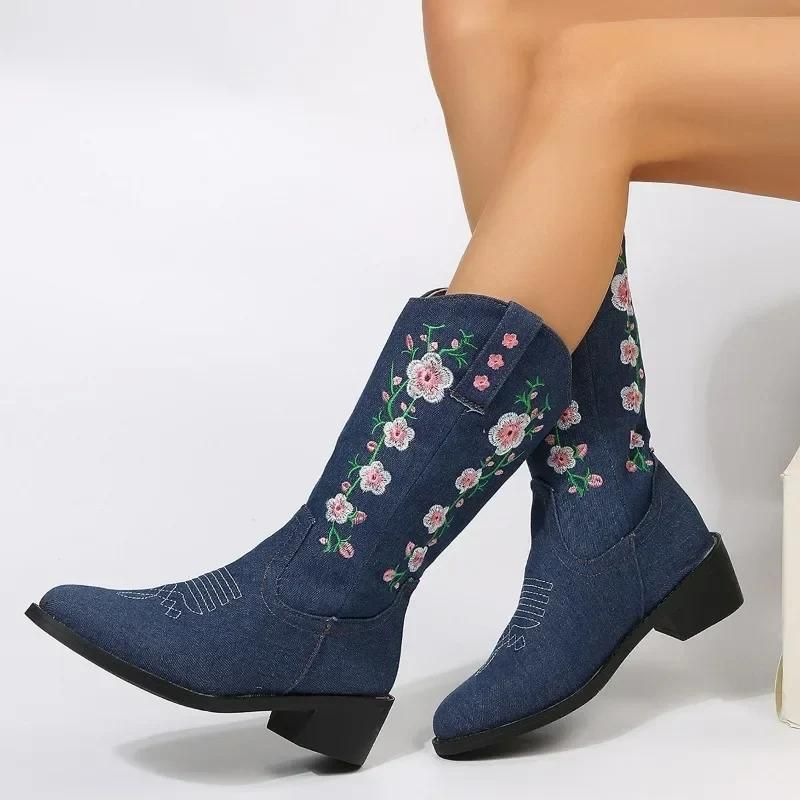 Stylische Denim-Westernstiefel mit Blumendesign  - Felda