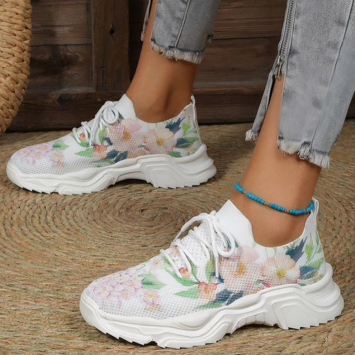 Orthopädische Turnschuhe mit Blumenmuster zum Schnüren - Sika