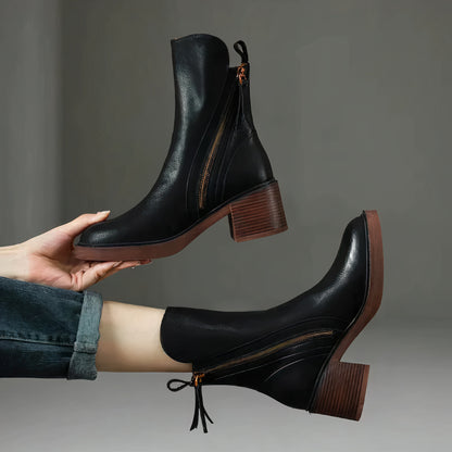 Damen Casual Lederstiefeletten mit robustem Blockabsatz, ideal für Herbst- und Wintertage