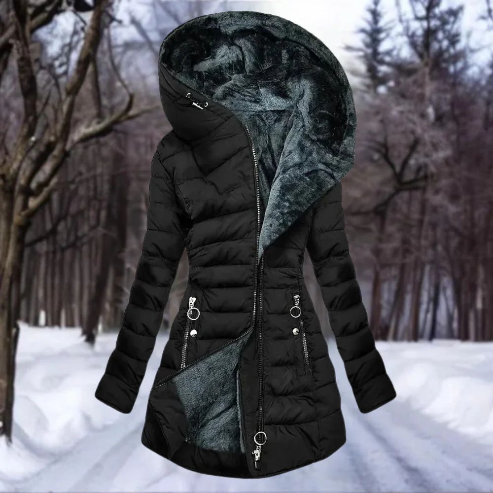 Eleganter Plüschmantel für Damen mit Plüschfutter aus Kunstpelz, schmeichelhafter Passform und Kapuzen-Design, perfekt für Wärme und Eleganz im Winter.