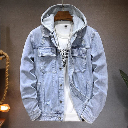 Herren Urban Denim-Jacke mit Kapuze, ideal für kühle Herbst- und Wintertage.





