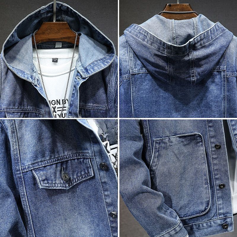 Herren Urban Denim-Jacke mit Kapuze, ideal für kühle Herbst- und Wintertage.





