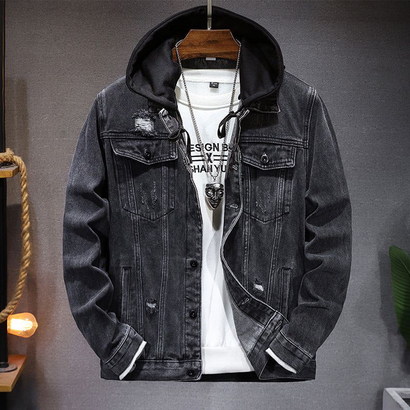 Herren Urban Denim-Jacke mit Kapuze, ideal für kühle Herbst- und Wintertage.





