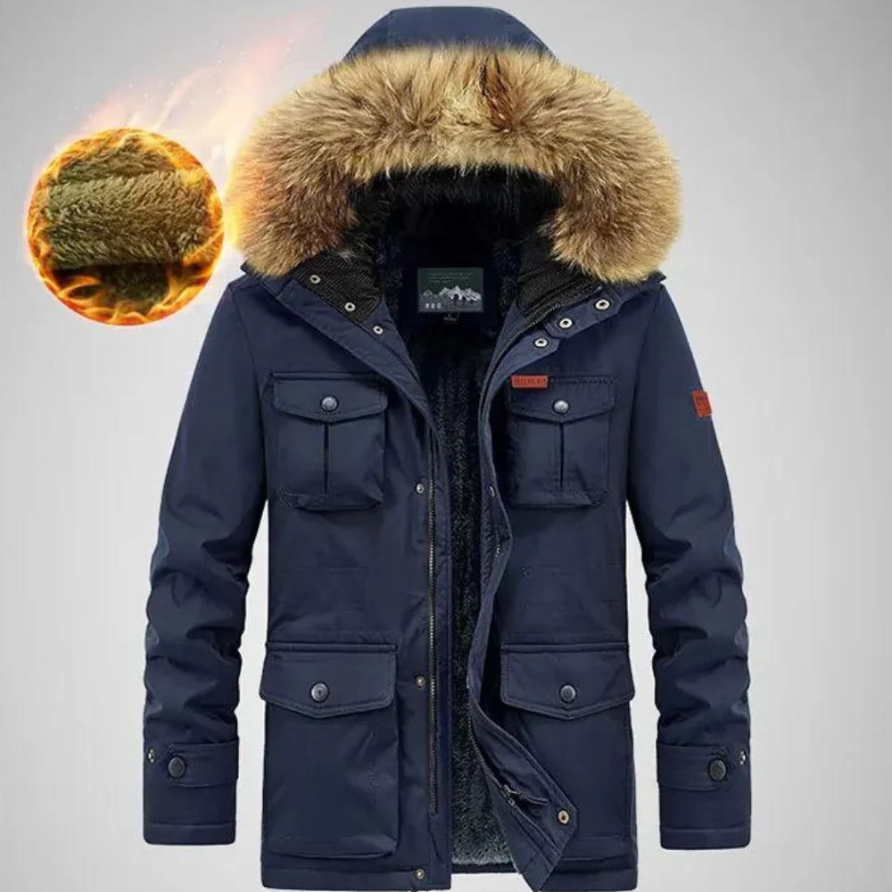 Herren Windbreaker und wasserdichte Jacke mit Fellkapuze, ideal für Herbst und Winter.