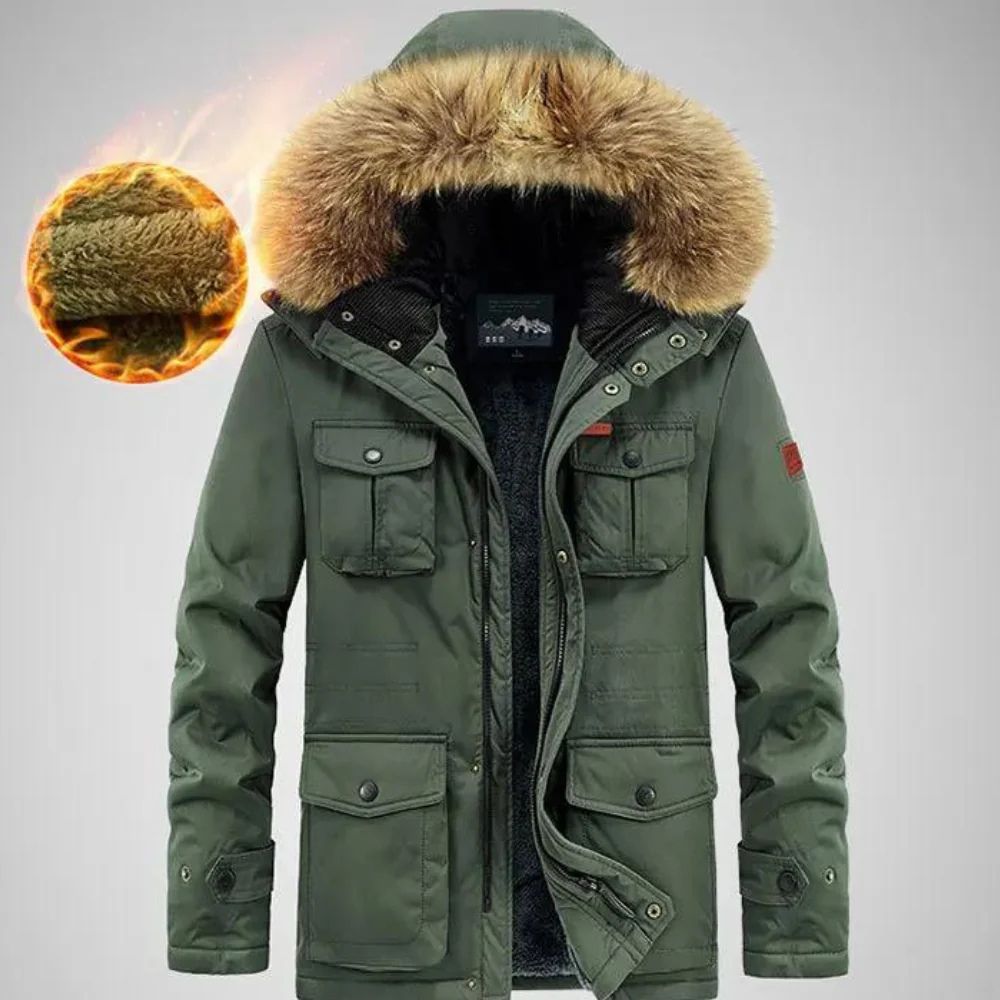 Herren Windbreaker und wasserdichte Jacke mit Fellkapuze, ideal für Herbst und Winter.