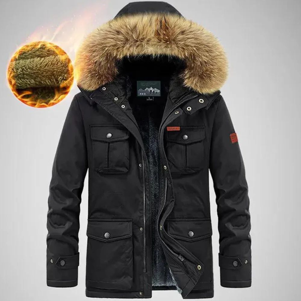 Herren Windbreaker und wasserdichte Jacke mit Fellkapuze, ideal für Herbst und Winter.