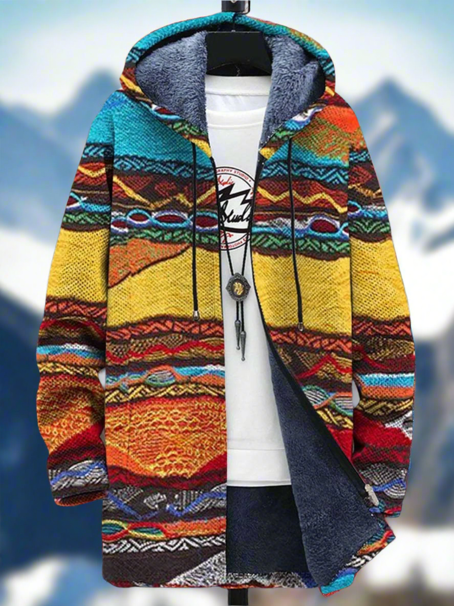 Eine stylische warme Jacke für Männer und Frauen, ideal für Herbst- oder Wintertage, mit einzigartigen Mustern und kuscheligem Sherpa-Futter.