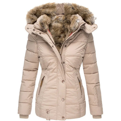 Warme Winterjacke für Frauen mit Kunstfellkapuze, ideal für kalte Herbst- und Wintertage.