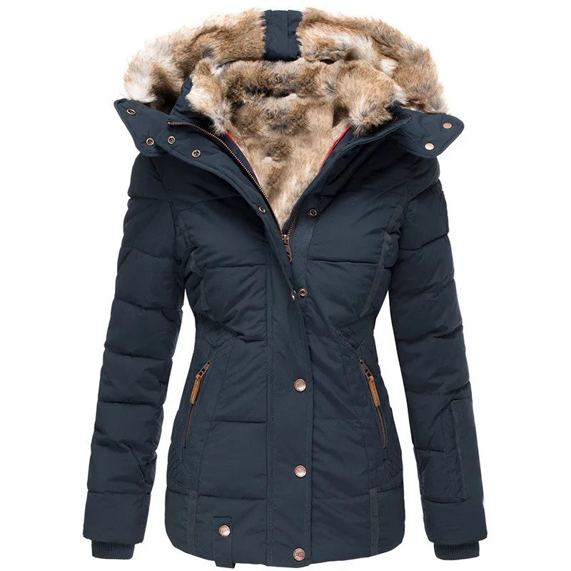 Warme Winterjacke für Frauen mit Kunstfellkapuze, ideal für kalte Herbst- und Wintertage.