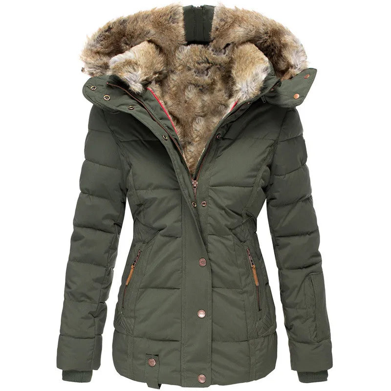 Warme Winterjacke für Frauen mit Kunstfellkapuze, ideal für kalte Herbst- und Wintertage.