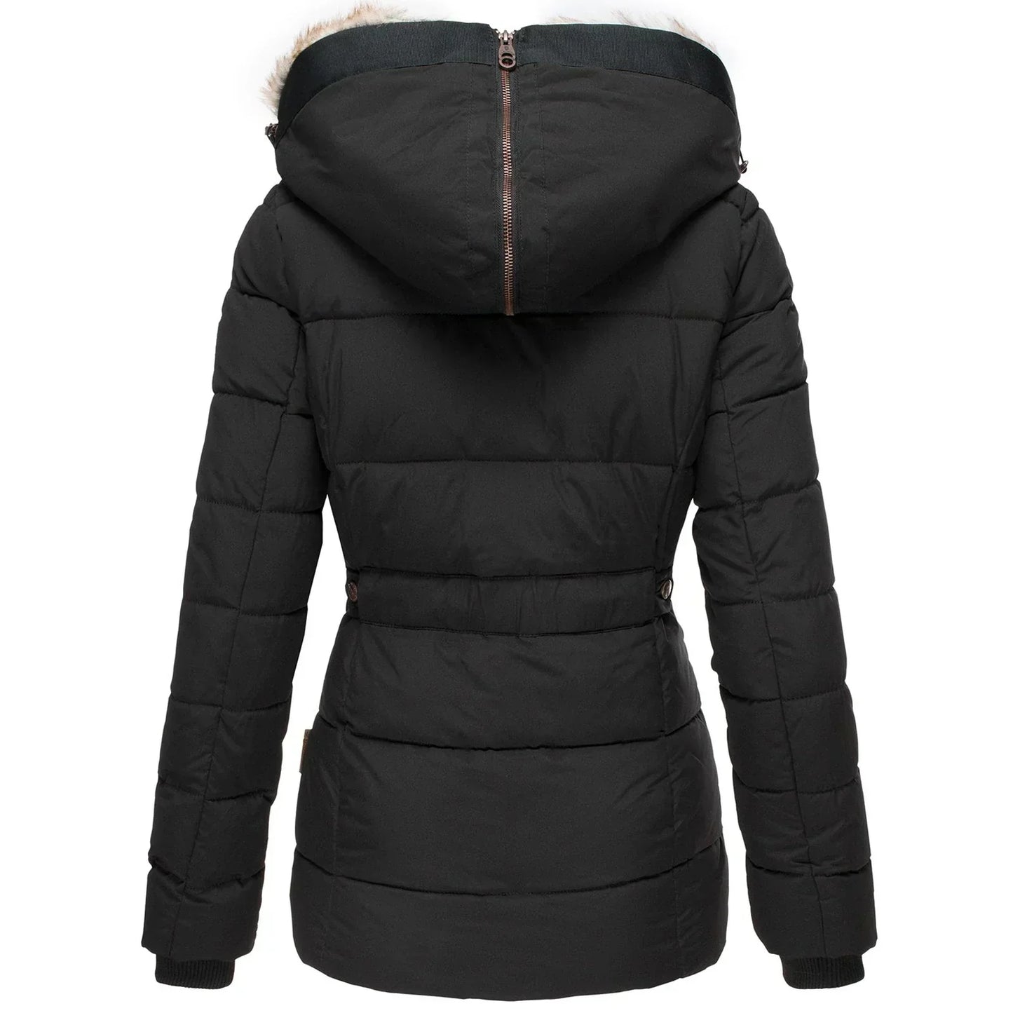 Warme Winterjacke für Frauen mit Kunstfellkapuze, ideal für kalte Herbst- und Wintertage.