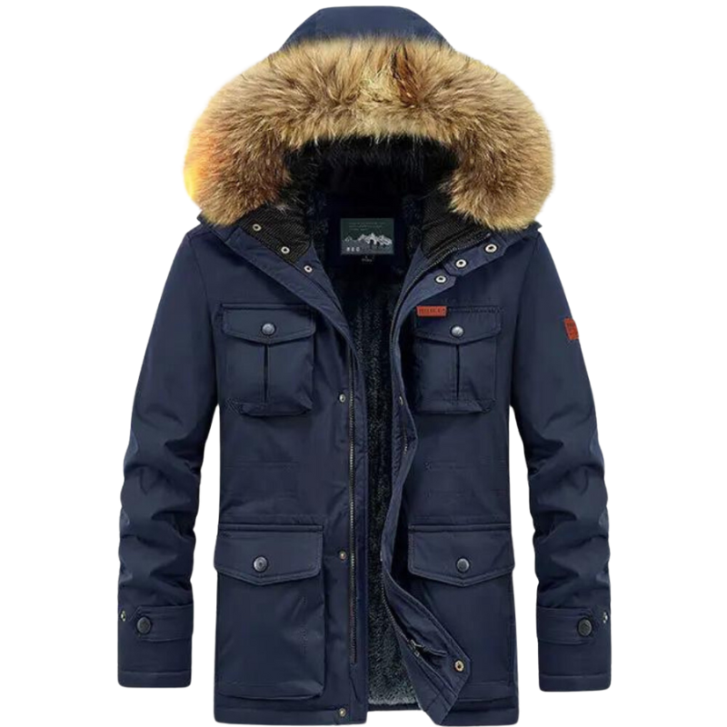 Wasserdichte Herren-Winterjacke mit Kunstfellkragen und isolierender Fütterung, ideal für kalte Herbst- oder Wintertage.