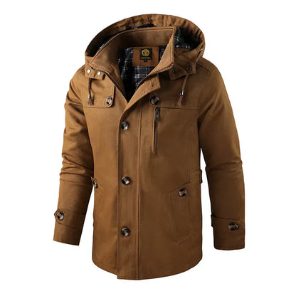 Wetterfeste Herrenjacke für Outdoor-Aktivitäten mit wasserdichtem Gewebe, warmem Futter, verstellbarer Kapuze und mehreren sicheren Taschen, ideal für Wintertage.