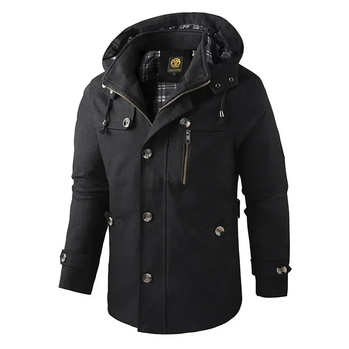 Wetterfeste Herrenjacke für Outdoor-Aktivitäten mit wasserdichtem Gewebe, warmem Futter, verstellbarer Kapuze und mehreren sicheren Taschen, ideal für Wintertage.