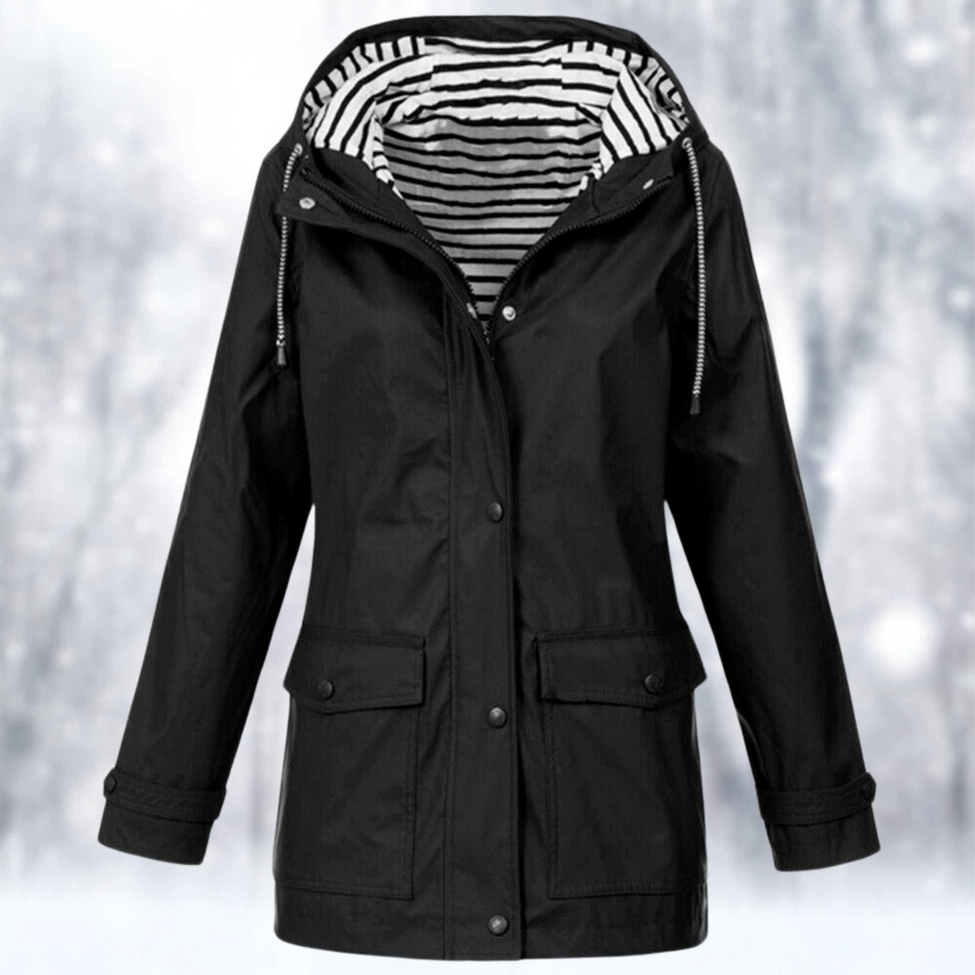 Wetterschutzjacke für Damen, ideal für Herbst- und Wintertage, mit wind- und wasserdichtem Material und verstellbarer Kapuze.