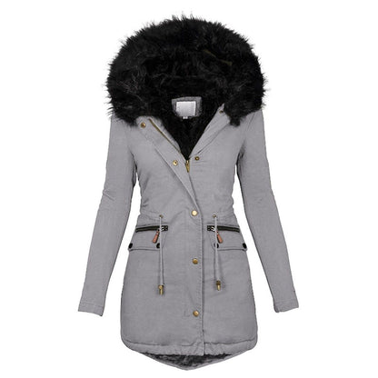 Winddichte warme Winterjacke für Frauen mit Kunstfellkapuze und praktischen Taschen, ideal für kalte Wintertage